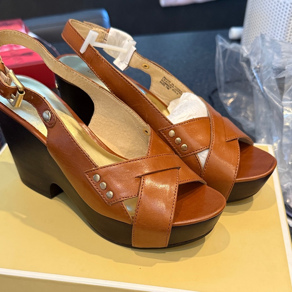 Michael Kors Tan Leather Wedge Sandals